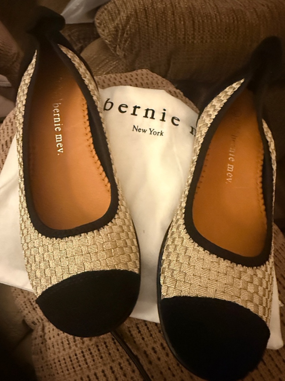 bernie mev. Beige Woven Ballet Flats with Black Cap Toe